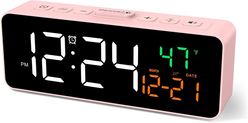 Netzu 3-in-1 Digital Clocks for Living Room with Temperature, Date & Time Display - 4 Levels Birghtness, 3 Volumes, Small & Compact Plug-in Alarm Clock for Bedroom Pink - Image 1